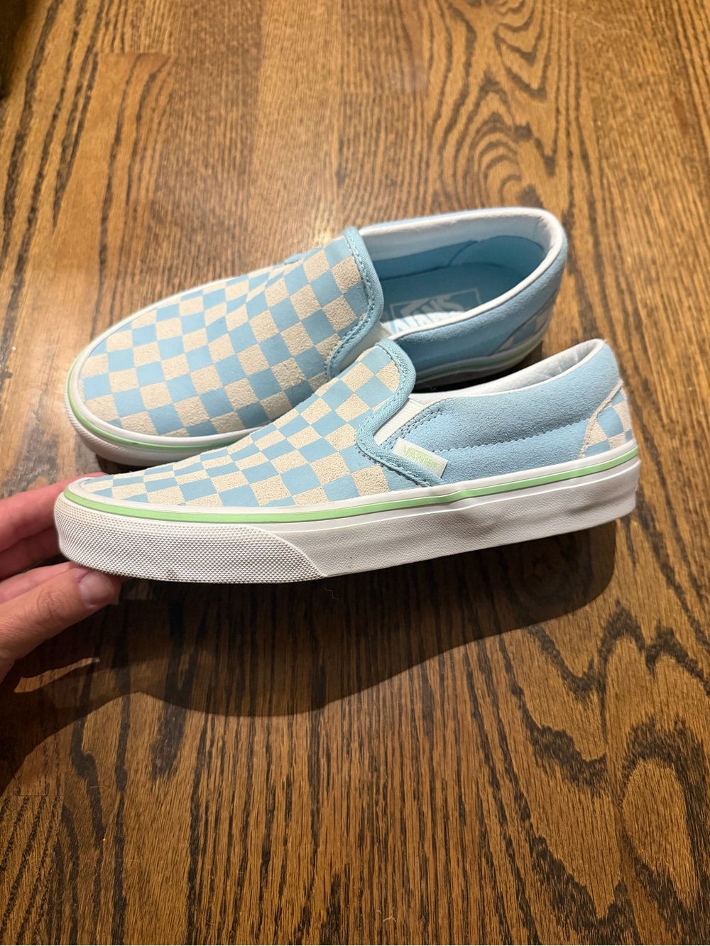 Vans Light Blue Checkerboard Slip-On Shoes, Women’s 6.5